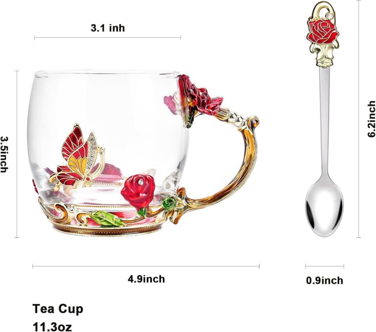 OEAGO Gifts for Mom Women Mothers Day Glass Coffee Enamels Mug Best Birthday Butterfly Rose Gifts for Her from Daughter Son Lead-Free Valentines Day Christmas Red Tea Cup with Spoon Set