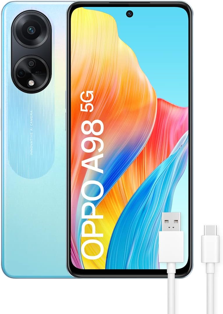 OPPO A98 5G – Smartphone Libre, 8GB+256GB, Pantalla 6,7”, Cámara 64+2+32MP, Cámara Microscopio, Android, Batería 5000mAh, Carga Rápida 67W – Azul