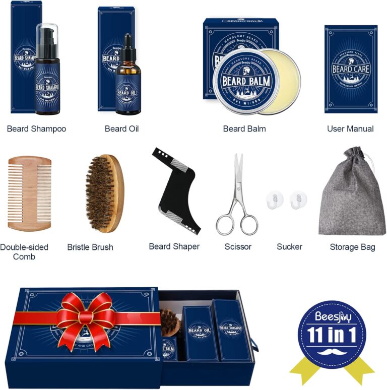 Beesjuy Kit Barba para Hombre, 11 in 1 Kit Barba con Champú Barba, Acondicionador, Aceite Barba,Bálsamo,Peine,Cepillo,Tijera de Barba, Bolsa de Almacenamiento, Regalo Hombres para Papá, Novio, Marido