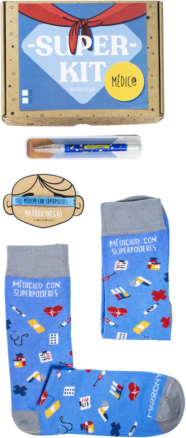 MARRON Y NEGRO – Pack regalo Calcetines Medico/a con Superpoderes – Incluye boli y pulsera – Perfectos para regalos a familiares – Divertido – 80% algodón – Unisex – Talla de calcetín (41-45).