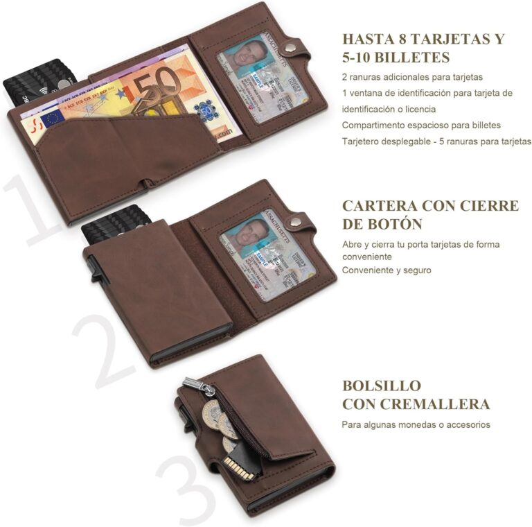 Tomylv Carteras – Bloqueo RFID Cartera Hombre y Mujer, Automática Pop-up Tarjetero Compartimentos para Billetes, Cierre con Botón, Monedero con Cremallera, Caja de Regalo – Marrón