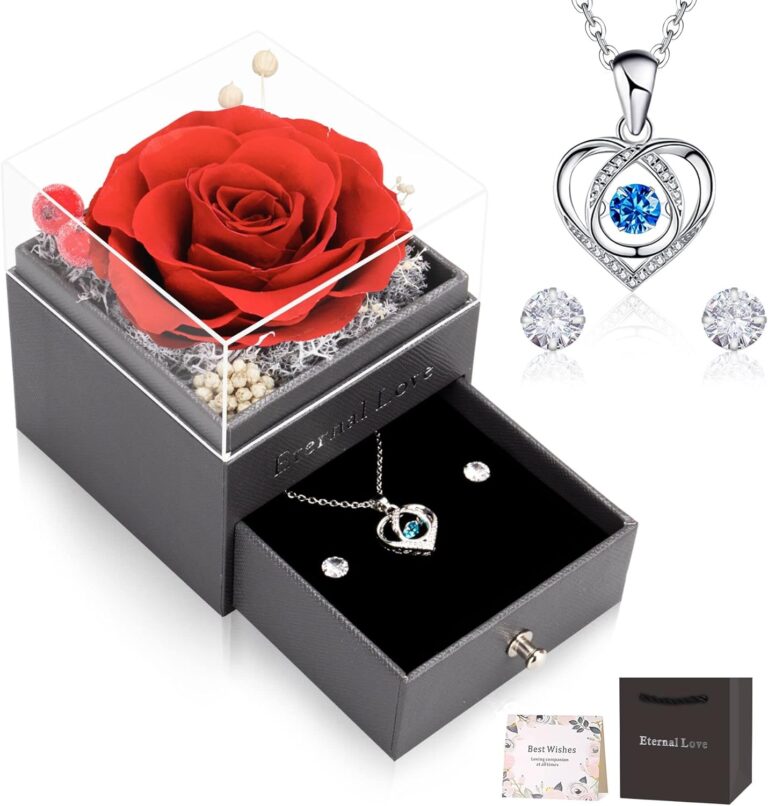 CSYY Rosa Eterna, Día de La Madre Regalo de San Valentín Regalo Fiori Stabilizzata Regalo con Collana Cuore e Orecchini a Perno per Festa Della Anniversario Compleanno